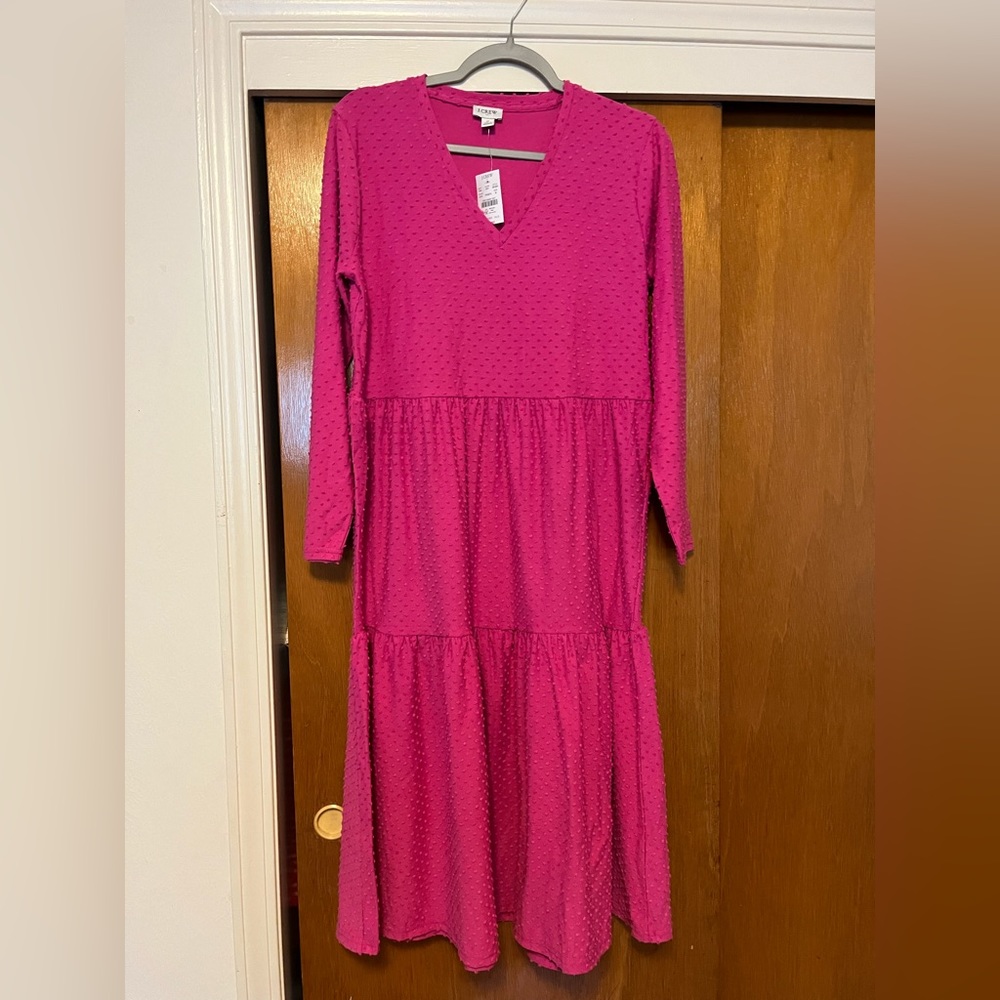 NWT J Crew pink clip dot tiered v neck dress